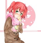  absurdres bad_id bad_pixiv_id blush bottle brown_coat can closed_mouth coat drink eyebrows_visible_through_hair frilled_gloves frills furrowed_eyebrows gloves green_eyes hair_between_eyes head_tilt highres holding holding_can imo_(evekelu-111) kurosawa_ruby looking_at_viewer love_live! love_live!_sunshine!! nose_blush pink_gloves pink_scarf red_hair scarf smile solo two_side_up 