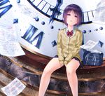  black_eyes black_hair cardigan chromatic_aberration clock clockwork looking_at_viewer open_mouth original paper school_uniform short_hair sitting solo test yamaishi_nohi 