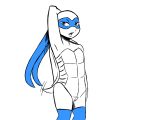  2019 animal_genitalia anthro bandanna clothing genital_slit hand_behind_head inkyfrog legwear leonardo_(tmnt) looking_at_viewer male mask mostly_nude motion_lines open_mouth partially_colored pose reptile scalie shell simple_background slit solo standing tailwag teenage_mutant_ninja_turtles thigh_highs turtle white_background 