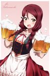  :o alcohol alternate_costume apron beer beer_mug blush braid brown_eyes character_name collarbone cup cursive dirndl dress drink floral_print frilled_shirt frills german_clothes gradient gradient_background hair_ornament hairclip highres holding holding_cup long_hair looking_at_viewer love_live! love_live!_sunshine!! open_mouth pink_background red_dress red_ribbon ribbon sakurauchi_riko shiimai shirt short_sleeves solo tareme twin_braids waist_apron white_apron white_shirt 
