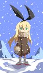  alternate_costume black_hairband blonde_hair coat commentary fur_collar green_eyes hairband kantai_collection long_hair looking_at_viewer mittens no_lineart setz shimakaze_(kantai_collection) snowing solo striped striped_legwear wind winter_clothes winter_coat 