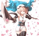  black_legwear black_ribbon blonde_hair breasts cherry_blossoms cleavage collarbone cowboy_shot detached_sleeves eyebrows_visible_through_hair fate/grand_order fate_(series) foreshortening grin hair_between_eyes hair_ribbon holding holding_sheath holding_sword holding_weapon japanese_clothes katana kimono looking_at_viewer medium_breasts mouth_hold obi okita_souji_(fate) okita_souji_(fate)_(all) ribbon sakaokasan sash sheath short_hair short_kimono sleeveless sleeveless_kimono smile solo standing sword thighhighs weapon white_background white_kimono yellow_eyes 