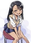  774_(nanashi) black_hair blush brown_eyes collarbone commentary_request dark_skin ear_piercing fang feet_out_of_frame hair_ornament hairpin half-closed_eyes ijiranaide_nagatoro-san leaning_forward long_hair looking_at_viewer nagatoro open_mouth piercing shirt sitting skirt sleeves_rolled_up smile smug solo stool sweater_vest white_shirt 