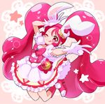  ;q animal_ears boots bow bunny_ears cake_hair_ornament choker cure_whip dress extra_ears food_themed_hair_ornament full_body gloves hair_ornament hairband jumping kirakira_precure_a_la_mode long_hair looking_at_viewer magical_girl one_eye_closed pink_background pink_bow pink_eyes pink_footwear pink_hair pink_hairband pink_neckwear precure solo star tongue tongue_out twintails usami_ichika v white_dress white_gloves yoshishi_(yosisitoho) 
