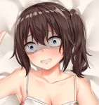  armpits bangs bare_shoulders bed_sheet blue_eyes breasts brown_hair cleavage clenched_teeth collarbone eyebrows_visible_through_hair food_print from_above hair_between_eyes highres jaku_denpa looking_at_viewer lying medium_breasts on_back open_mouth original scared shaded_face short_hair side_ponytail sleeveless solo spaghetti_strap strawberry_print tareme teeth upper_body wide-eyed 