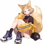 1girl :3 animal_ears ass bare_legs baseball_cap black_hat black_legwear black_shirt blonde_hair closed_mouth commentary_request cutoffs denim denim_shorts exposed_pocket fox_ears fox_girl fox_tail full_body hand_up hat hat_removed head_tilt headwear_removed jacket knees_up long_sleeves looking_at_viewer multicolored_hair off_shoulder open_clothes open_jacket original puffy_long_sleeves puffy_sleeves purple_eyes purple_hair shirt shoes short_hair short_shorts short_sleeves shorts shugao simple_background sleeves_past_wrists smile sneakers socks solo tail thighs two-tone_hair white_background yellow_jacket 