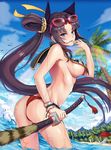  :d ass beach beach_chair beach_umbrella bikini bikini_bottom black_eyes black_hair blue_sky breasts cloud cloudy_sky commentary_request dawn_(664387320) day fate/grand_order fate_(series) highres holding katana large_breasts leaning_forward long_hair looking_at_viewer mountain open_mouth outdoors ponytail red_bikini side_ponytail sideboob sky smile swimsuit sword tree umbrella ushiwakamaru_(fate/grand_order) weapon wet 