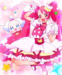  :d animal_ears blue_eyes bow bunny_ears cake_hair_ornament choker creature cure_whip dress extra_ears food_themed_hair_ornament full_body gloves hair_ornament happy highres jumping kirakira_precure_a_la_mode long_hair looking_at_viewer magical_girl open_mouth pekorin_(precure) pink_background pink_bow pink_eyes pink_footwear pink_hair pink_neckwear precure ryochi_(pon1015) shoes smile sparkle star twintails usami_ichika white_dress white_gloves 