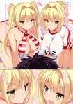  &gt;:) 1boy 2girls :d :o absurdres all_fours arched_back ass bangs bare_shoulders bikini black_hair blonde_hair blush breast_squeeze breasts buruma butt_crack cleavage close-up closed_mouth comic criss-cross_halter dual_persona eye_contact face fate/grand_order fate_(series) foreshortening fujimaru_ritsuka_(male) green_eyes gym_uniform hair_intakes halterneck hanging_breasts hetero highres kure_masahiro large_breasts long_hair looking_at_another multiple_girls name_tag nero_claudius_(fate)_(all) nero_claudius_(swimsuit_caster)_(fate) olympian_bloomers open_mouth parted_lips puffy_short_sleeves puffy_sleeves red_bikini red_buruma scan shirt short_sleeves skindentation smile striped striped_bikini swimsuit translation_request tsurime twintails v-shaped_eyebrows white_shirt 