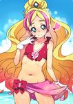  bikini blonde_hair bow closed_mouth cloud collarbone cowboy_shot cure_flora day gloves go!_princess_precure green_eyes haruno_haruka heart long_hair looking_at_viewer magical_girl multicolored_hair navel pink_hair pink_sarong precure red_bow rumo sky smile solo swimsuit two-tone_hair water white_gloves 