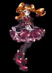  biburi_(precure) black_background black_blouse black_hairband black_legwear blouse bow brown_hair brown_hat character_doll cure_chocolat doll expressionless full_body fusion hairband hat high_heels holding holding_doll kirakira_precure_a_la_mode long_hair looking_at_viewer ninomae pantyhose precure purple_skirt red_bow red_eyes red_footwear red_hair shoes simple_background skirt solo standing top_hat twintails usami_ichika wide-eyed 