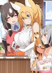  :&lt; :d alternate_hair_length alternate_hairstyle animal_ear_fluff animal_ears apron bangs bare_shoulders bear_girl black_gloves blonde_hair blush bodysuit book bow breasts bright_pupils brown_bear_(kemono_friends) brown_hair carrot cleavage closed_mouth cooking cutting cutting_board elbow_gloves eurasian_eagle_owl_(kemono_friends) eyebrows_visible_through_hair frilled_apron frills gloves hair_over_shoulder half-closed_eyes hayashi_(l8poushou) head_wings highres indoors japari_symbol jitome kemono_friends kitchen_knife large_breasts long_hair looking_down low-tied_long_hair multicolored_hair multiple_girls northern_white-faced_owl_(kemono_friends) older open_mouth orange_hair ponytail potato serval_(kemono_friends) serval_ears serval_print short_hair skirt small_breasts smile streaked_hair sweat sweatdrop tank_top triangle_mouth v-shaped_eyebrows white_gloves white_hair yellow_eyes 