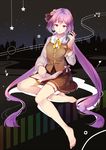  bare_legs barefoot book bookmark brown_skirt buttons city closed_mouth commentary_request fingernails full_body hair_ribbon hand_up headphones headphones_around_neck highres long_hair long_sleeves looking_at_viewer miniskirt musical_note_hair_ornament night night_sky outdoors pink_eyes purple_hair ribbon sitting skirt sky smile solo star_(sky) starry_sky toenails touhou tsukumo_benben twintails very_long_hair vest wristband yetworldview_kaze 