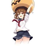  :d anchor_symbol bangs blue_skirt blush brown_eyes brown_hair cameltoe cowboy_shot eyebrows_visible_through_hair fang hair_between_eyes hair_ornament hairclip holding ikazuchi_(kantai_collection) jack-o'-lantern kantai_collection long_sleeves midriff_peek moeki_yuuta navel neckerchief open_mouth panties red_neckwear school_uniform serafuku shirt simple_background skirt sleeves_pushed_up smile solo underwear white_background white_panties white_shirt 