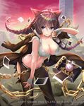  animal_ears antenna_hair bandaged_hands bandages braid breasts brown_hair building camera cat_ears chain cleavage collarbone eyewear_removed highres holding holding_eyewear large_breasts long_hair looking_at_viewer mappaninatta midriff navel official_art photo_(object) purple_eyes sky solo standing torn_clothes twin_braids venus_rumble 
