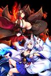  akagi_(azur_lane) animal_ears azur_lane bangs black_hair blue_eyes blunt_bangs blush breasts cleavage closed_mouth commentary_request cowboy_shot fire fox_ears fox_mask fox_tail hakama_skirt highres japanese_clothes kaga_(azur_lane) large_breasts long_hair long_sleeves looking_at_viewer mask multiple_girls multiple_tails ouma_tokiichi parted_lips red_eyes shikigami short_hair silver_hair smile tail wide_sleeves 