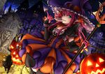  black_cat black_legwear blue_eyes blush bow bridal_gauntlets candy cat choker commentary cowboy_shot crescent_moon dress elizabeth_bathory_(fate)_(all) elizabeth_bathory_(halloween)_(fate) fang fate/grand_order fate_(series) food hair_between_eyes hair_bow halloween_costume hat horns jack-o'-lantern lollipop long_hair looking_at_viewer moon night parted_lips pink_hair pitchfork pointy_ears saruei smile solo striped striped_dress thighhighs tombstone witch_hat 