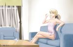  absurdres annoyed arm_support armchair artoria_pendragon_(all) blonde_hair breasts chair cleavage coffee_table couch covered_navel crossed_legs cup curtains drinking_glass er_ci_gudu fate/grand_order fate_(series) hair_ribbon highres holding holding_cup indoors looking_at_viewer naked_towel open_mouth ribbon saber saber_alter sitting small_breasts solo tissue_box towel white_towel yellow_eyes 