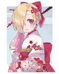  asymmetrical_hair bow branch cherry_blossoms commentary earrings hair_bow hair_over_one_eye idolmaster idolmaster_cinderella_girls japanese_clothes jewelry kimono light_smile lipstick looking_at_viewer makeup red_eyes shirasaka_koume short_hair solo upper_body uso_(ameuzaki) 