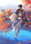  autumn_leaves black_gloves blue_eyes blue_hair branch gloves hakama highres in_tree japanese_clothes leaf male_focus mikazuki_munechika sandals sayagata sitting smile tabi touken_ranbu tree water yuki-bayashi 