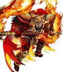  armor beard black_armor cape facial_hair feathers fire fire_emblem fire_emblem_heroes full_body gauntlets glowing glowing_eye greaves helmet highres holding holding_weapon horned_helmet maeshima_shigeki male_focus molten_rock official_art orange_hair red_cape red_eyes scar scar_across_eye scythe shoulder_armor solo surtr_(fire_emblem_heroes) teeth transparent_background weapon 