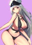  alternate_costume arms_at_sides azur_lane bangs bare_arms bare_shoulders bikini black_bikini blush breasts center_opening chikuwabu_(cafeinbiard) closed_mouth contrapposto covered_nipples cowboy_shot enterprise_(azur_lane) eyebrows eyebrows_visible_through_hair eyelashes front-tie_bikini front-tie_top frown grey_hair groin hat highres huge_breasts legs_apart long_hair navel peaked_cap purple_background purple_eyes simple_background solo standing stomach swimsuit thick_thighs thighs very_long_hair white_hat wide_hips 
