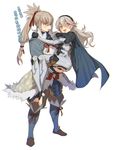  1girl armor ass barefoot blush carrying female_my_unit_(fire_emblem_if) fire_emblem fire_emblem_if grey_hair headband highres japanese_clothes long_hair mamkute my_unit_(fire_emblem_if) pointy_ears ponytail princess_carry protected_link red_eyes smile takumi_(fire_emblem_if) translation_request white_background zuizi 