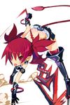  ass bat_wings belt bent_over butt_crack commentary_request demon_girl demon_tail disgaea disgaea_d2 etna gloves highres miniskirt miyakawa106 pointy_ears polearm red_eyes red_hair skirt solo spear tail thighhighs tongue tongue_out twintails weapon wings 