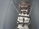  1girl alone bdsm blindfold bondage brown_hair chains earmuffs gag gagged immobilization isolation sensory_deprivation straitjacket tape_gag 