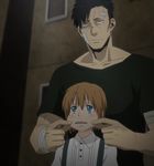  1boy 1girl black_hair blue_eyes brown_hair gangsta nicolas_brown nina_(gangsta) screencap short_hair 