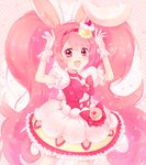 :d animal_ears bow bunny_ears cake_hair_ornament choker cowboy_shot cure_whip dress extra_ears food_themed_hair_ornament gloves hair_ornament hairband kashitani_futaba kirakira_precure_a_la_mode long_hair looking_at_viewer magical_girl open_mouth pink pink_background pink_bow pink_eyes pink_hair pink_hairband pink_neckwear precure puffy_sleeves smile solo striped striped_background twintails usami_ichika white_dress white_gloves 