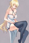  bare_shoulders black_legwear blonde_hair blue_eyes blush breasts cleavage collarbone covered_nipples dress eyebrows_visible_through_hair fate/apocrypha fate_(series) halterneck highres jeanne_d'arc_(fate) jeanne_d'arc_(fate)_(all) large_breasts long_hair looking_at_viewer no_shoes revision simple_background smile solo thighhighs thighhighs_pull utu_(ldnsft) zettai_ryouiki 