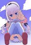  :o bangs black_bow black_ribbon blue_eyes blunt_bangs bow cloud cool-kyou_shinja day eyebrows_visible_through_hair from_below full_body fur_collar hair_ribbon head_tilt highres kanna_kamui knees_together_feet_apart kobayashi-san_chi_no_maidragon lavender_hair leaning_forward long_sleeves looking_at_viewer low_twintails official_art open_mouth panties pantyshot pantyshot_(squatting) pink_footwear ribbon shirt skirt sky solo squatting twintails underwear white_legwear white_panties 