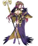  bare_shoulders belt braid breasts cleavage dress earrings feather_trim fire_emblem fire_emblem_heroes full_body fur_trim garter_straps hand_on_hip hat high_heels highres holding holding_staff jewelry large_breasts lips lipstick loki_(fire_emblem_heroes) long_hair long_sleeves looking_at_viewer maeshima_shigeki makeup nail_polish official_art purple_dress purple_eyes purple_hair side_slit smile solo staff standing transparent_background wide_sleeves 