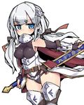  arm_at_side armor armpits bangs belt black_belt black_gloves black_legwear black_leotard black_ribbon blue_eyes breastplate breasts buckle covered_mouth cowboy_shot eyebrows_visible_through_hair fingerless_gloves forte_(sennen_sensou_aigis) gloves gorget gradient greaves hair_ornament hair_ribbon halterneck holding holding_sword holding_weapon impossible_clothes impossible_leotard legs_together leotard long_hair looking_at_viewer loose_belt low_twintails medium_breasts nemui_(nemui) outstretched_arm parted_bangs ribbon scabbard sennen_sensou_aigis sheath sheathed sideboob sidelocks simple_background sketch solo standing sword thighhighs thighs twintails vambraces weapon white_background white_hair 