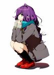  ahoge blue_scarf commentary_request full_body grey_coat kawai_makoto kneehighs loafers long_hair long_sleeves red_footwear scarf shadow shoes simple_background solo white_background 