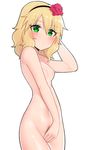  1girl blonde_hair blush breasts covering_crotch cowboy_shot eyebrows_visible_through_hair female hair_between_eyes hair_flower hair_ornament hairband highres idolmaster idolmaster_cinderella_girls looking_at_viewer navel nipples noria nude pubic_hair sakurai_momoka simple_background small_breasts solo white_background yellow_eyes 