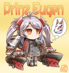  antenna_hair azur_lane boots chibi commentary eyebrows_visible_through_hair finger_to_mouth fox_mask garter_straps gloves hair_ornament hisahiko long_hair long_sleeves machinery mask military military_uniform orange_eyes prinz_eugen_(azur_lane) signature silver_hair solo striped striped_background thought_bubble turret two_side_up uniform 