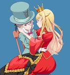  alice_in_wonderland ange_(princess_principal) aqua_hat black_ribbon blazer blonde_hair blue_background blue_eyes bow braid brown_hair center_frills chair closed_mouth commentary_request cosplay crown dress hair_between_eyes hair_flaps hair_ribbon hat jacket long_hair looking_at_another mad_hatter mad_hatter_(cosplay) multiple_girls pink_bow princess_(princess_principal) princess_principal puffy_sleeves queen_of_hearts queen_of_hearts_(cosplay) red_dress ribbon shirt sitting sitting_on_lap sitting_on_person smile top_hat waon_(waon_oekk) white_shirt yuri 