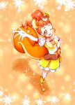  animal_ears arisugawa_himari arm_up cake_hair_ornament choker cure_custard dress earrings elbow_gloves extra_ears food_themed_hair_ornament from_above full_body gloves hair_ornament hand_on_hip highres jewelry kirakira_precure_a_la_mode kneehighs light_particles magical_girl one_eye_closed orange_(color) orange_background orange_eyes orange_footwear orange_hair ponytail precure red_neckwear shoes short_hair solo sparkle squirrel_ears squirrel_tail standing tail toko_(tenerezza666) white_gloves yellow_dress yellow_legwear 