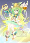  aa2233a alternate_costume alternate_hair_color alternate_skin_color animal_ears blue_eyes bow copyright_name full_body green_skirt hair_bow headpiece league_of_legends long_hair looking_at_viewer lulu_(league_of_legends) patreon_username pix skirt smile staff star star_guardian_lulu thighhighs very_long_hair white_footwear white_legwear 