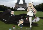  38cm_quadruple_gun_mount 3girls :d annin_musou armband beret black_dress blonde_hair blue_eyes blue_hair commentary dress eiffel_tower enemy_aircraft_(kantai_collection) fairy_(kantai_collection) gloves hat holding kantai_collection long_hair long_sleeves multicolored multicolored_clothes multicolored_gloves multiple_girls open_mouth paint pom_pom_(clothes) red_hair richelieu_(kantai_collection) smile thighhighs tic-tac-toe translated white_dress white_hair white_legwear 