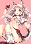  :d animal_ears arm_up azur_lane black_gloves black_skirt blush braid breasts buckle claws crop_top crop_top_overhang fang fingerless_gloves forehead foreshortening fox_ears fox_tail gloves kashiwagi_yamine knees_together_feet_apart knees_up long_hair looking_at_viewer loose_socks medium_breasts miniskirt multicolored multicolored_nails nail_polish navel no_bra open_mouth pink_background pleated_skirt puffy_short_sleeves puffy_sleeves red_eyes short_sleeves side_braid silver_hair simple_background sitting skirt smile socks solo tail tareme thick_eyebrows thighs underboob white_legwear yuudachi_(azur_lane) 
