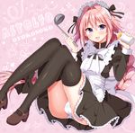  :d alternate_costume astolfo_(fate) baby_bottle black_bow black_legwear blush bottle bow bowtie braid bulge character_name commentary_request enmaided eyebrows_visible_through_hair fang fate/apocrypha fate_(series) full_body hair_between_eyes hair_bow ladle long_hair looking_at_viewer maid maid_headdress male_focus open_mouth otoko_no_ko panties pantyshot pink_background pink_hair purple_eyes single_braid smile solo thighhighs tsukudani_norio underwear very_long_hair white_bow white_neckwear white_panties 