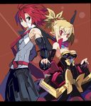  1girl adell_(disgaea) bat_wings black_pants blonde_hair bow breasts commentary_request couple demon_girl disgaea dress highres holding_hands makai_senki_disgaea_2 medium_breasts miyakawa106 necktie pants pointy_ears red_eyes red_hair rozalin short_hair smile wings 