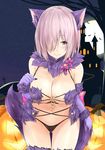  bat black_panties blush breasts closed_mouth commentary_request cowboy_shot dangerous_beast elbow_gloves fate/grand_order fate_(series) fur-trimmed_legwear fur_collar fur_trim gloves hair_over_one_eye hand_up heart heart-shaped_pupils highres jack-o'-lantern large_breasts mash_kyrielight navel night outdoors panties purple_eyes purple_gloves purple_hair purple_legwear revealing_clothes saku_(kudrove) sky smile solo star_(sky) starry_sky symbol-shaped_pupils thigh_gap thighhighs thighs underwear 