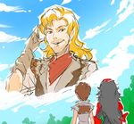  2girls bandana blonde_hair blue_sky day facial_hair forest from_behind iesupa multiple_girls nature raven_branwen rwby salute shay_d._mann sky stubble vernal_(rwby) 