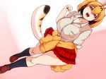  animal_ears breasts clothes_around_waist commentary hair_between_eyes isuna kemono_friends large_breasts looking_at_viewer open_mouth pleated_skirt school_uniform serval_(kemono_friends) serval_ears serval_tail skirt smile solo striped_tail tail yellow_eyes 