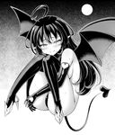  ahoge ass bare_shoulders bat_wings black_footwear black_gloves blush boots commentary demon_girl demon_tail elbow_gloves full_body gloves greyscale half-closed_eyes heart_cutout high_heels knees_to_chest long_hair looking_at_viewer monochrome noise_(tsuzuki) original pointy_ears simple_background smile solo sweat tail thigh_boots thighhighs white_background wings 