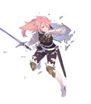  armor bangs belt broken_armor brown_eyes dress elbow_gloves fire_emblem fire_emblem_heroes fire_emblem_if full_body gloves grin hairband highres holding holding_sword holding_weapon knee_pads leg_up long_hair long_sleeves looking_away looking_back nagisa_kurousagi official_art one_eye_closed pantyhose parted_lips pink_hair scar sheath short_dress shoulder_armor smile soleil_(fire_emblem_if) solo sword thighhighs torn_clothes transparent_background weapon white_gloves 